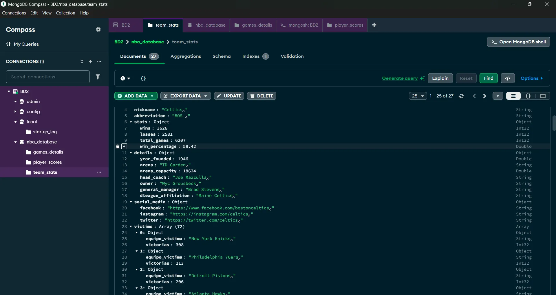 Vista de colecciones MongoDB en MongoDB Compass