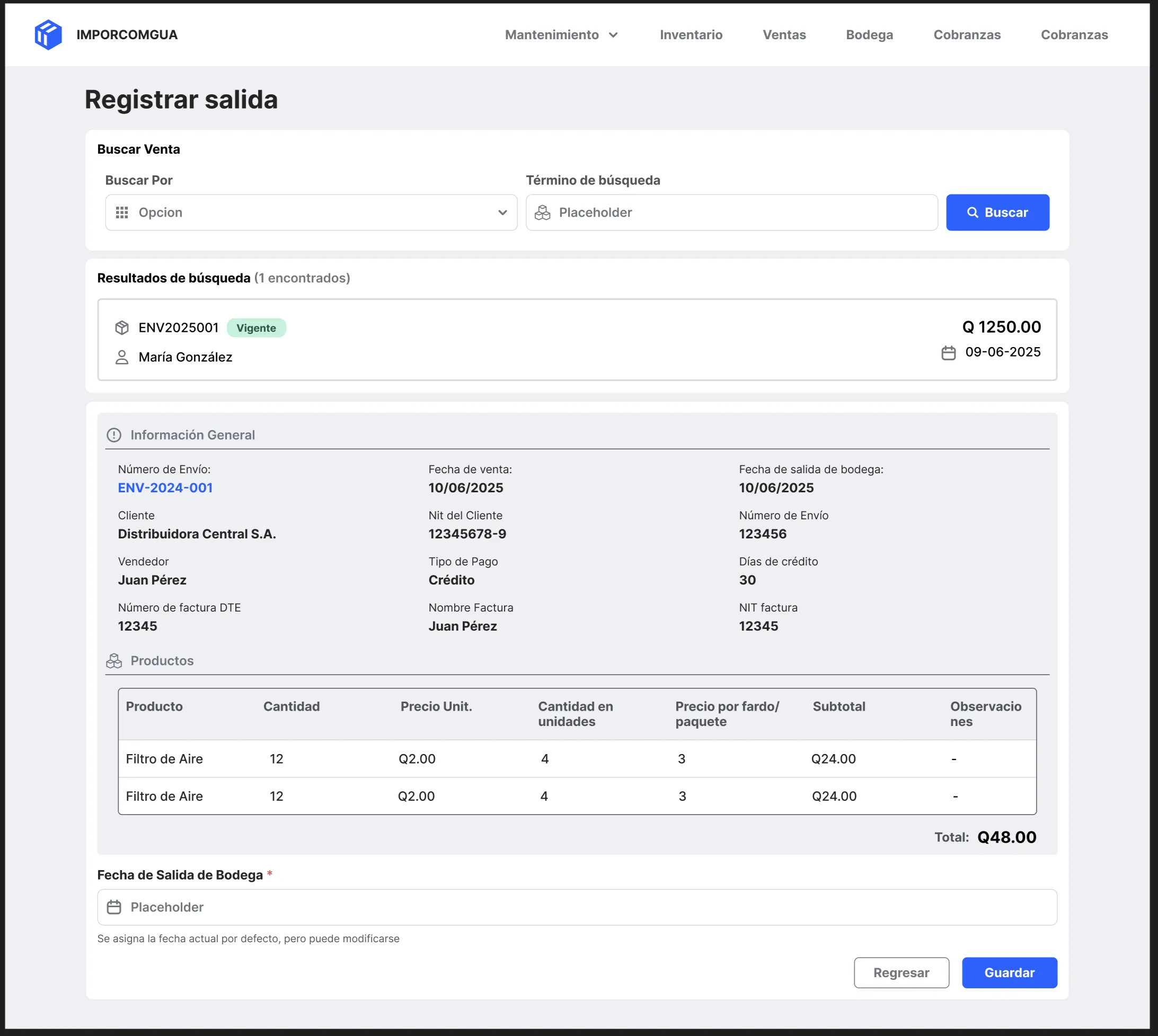 Módulo de registro de salida de bodega
